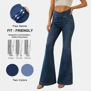 HF260009-Classic High-Rise Flare Jeans for Women | V-Cross Elastic Waistband Tummy Control | Stretch Flex Denim Leg-Lengthening Bootcut Pants.