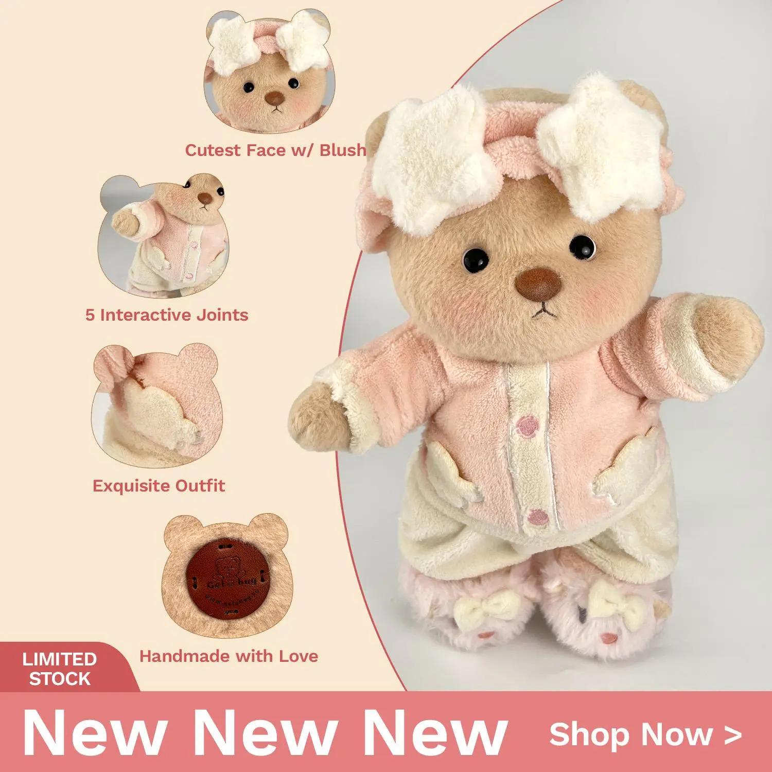 Getahug Star Hairband Teddy Bear 7.5in Width Collectible Doll - Handmade Jointed, Cute Stuffies, Moveable Soft Cuddly, 9in Sitting Height, Exquisite Changeable Outfit Set, Ages 6+, Hand Wash, Birthday Gift, Christmas Girls, 30-Day Hassle-Free Returns