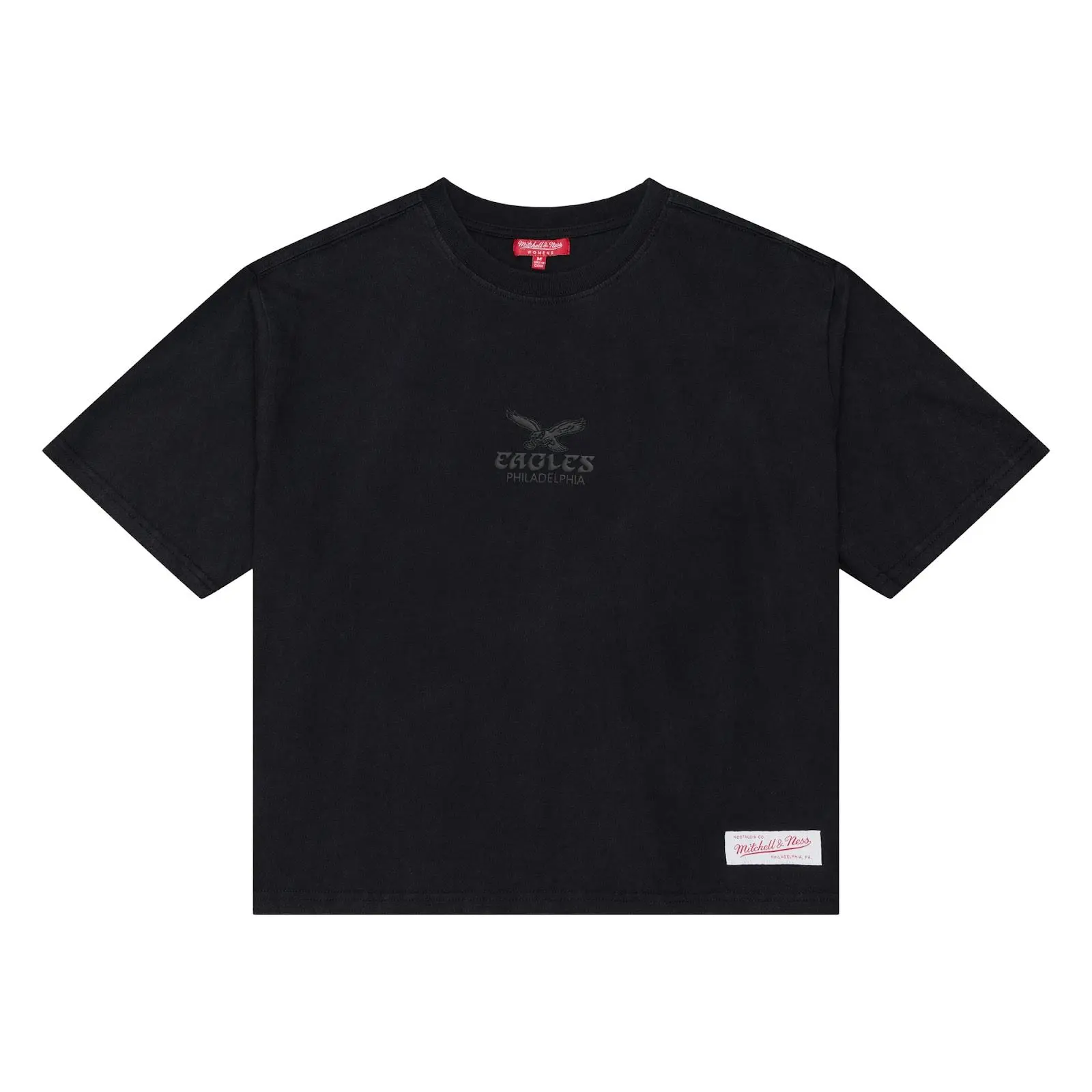 Women's Philadelphia Eagles Black Core Essentials Cropped Boxy T-Shirt NFL Throwback Tee Graphic Vintage Fan Gear Mitchell & Ness