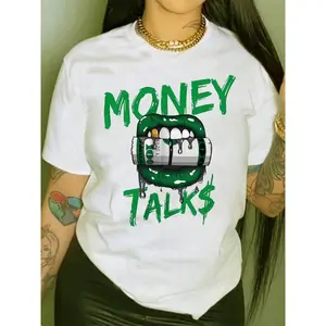 Money Talks Graphic Lips Cash Roll Print Unisex Streetwear Tee Funny Statement Short Sleeve Crewneck Casual Summer Outfit Top