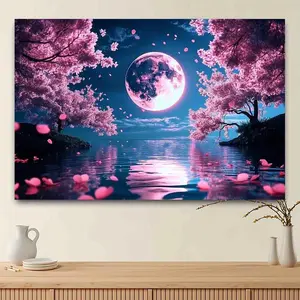 1pc Moonlit Cherry Blossom Tapestry - Tranquil Night Design with Full Moon & Pink Sakura Trees, Polyester Wall Hanging for Indoor Decor, Party Backdrop, or Event Banner, Available in Multiple Sizes (30x40, 40x60, 60x90 IN),