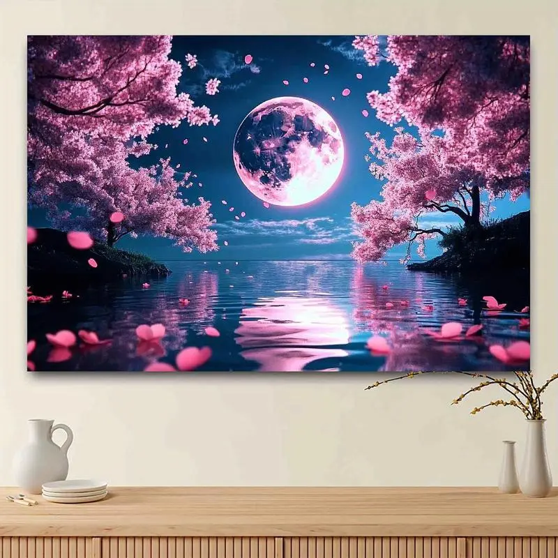 1pc Moonlit Cherry Blossom Polyester Tapestry - Moon Theme Room Art, Full Moon Flower Pattern Hangable Wall Decor, Indoor Home Decor/Party Backdrop (30x40, 40x60, 60x90 in)