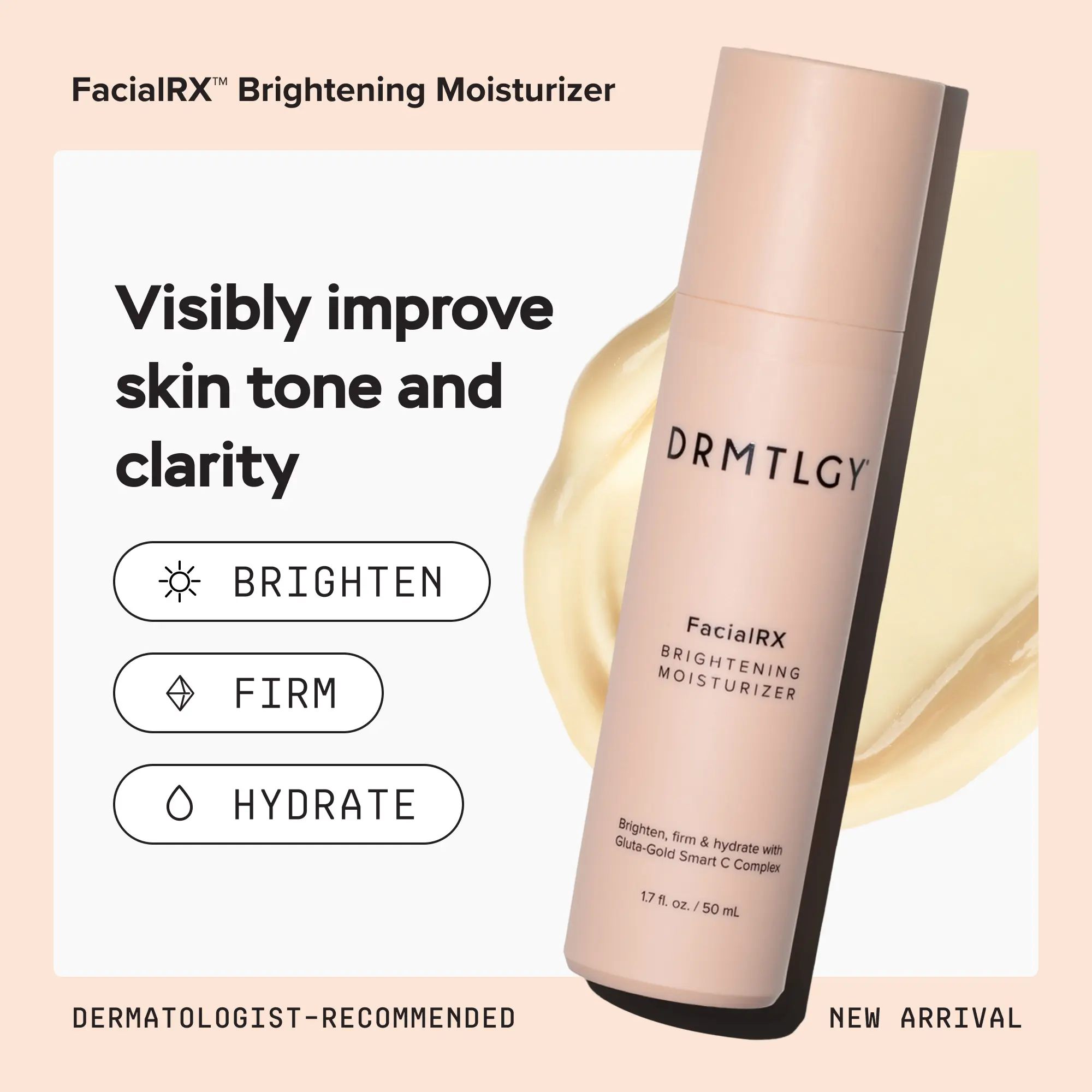 DRMTLGY FacialRX Brightening Moisturizer - Visibly Brightens, Firms, and Hydrates with Vitamin C, Glutathione, and Gold