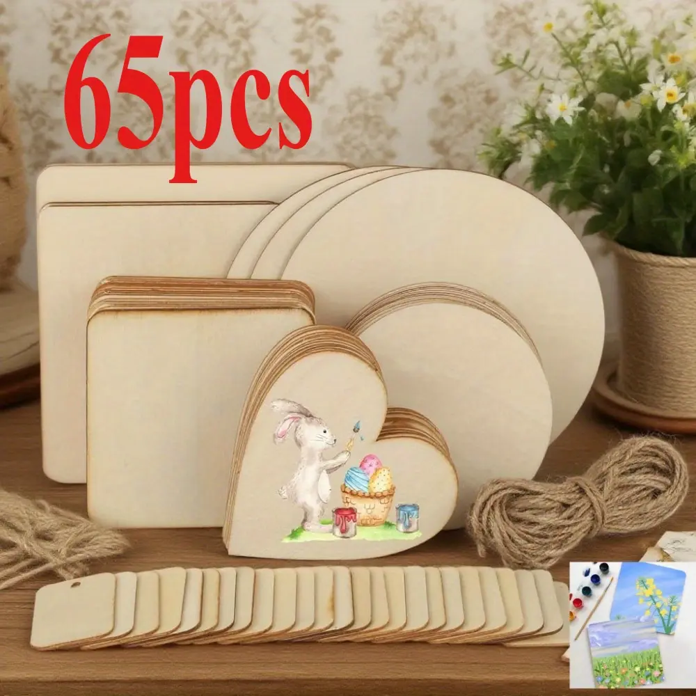 65 Pieces Untreated Wooden Board for Crafts, Round Square Heart-Shaped Wooden Discs Blanks Pyrography Painting Writing Staining Wooden Plate Set for DIY Crafts, Party Decoration