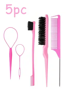 5pc Pink Hair Styling Tool Set, Multi-Function Parting Smoothing Braiding Kit with Tail Comb, Detail Brush and Loop Tools for Ponytail, Bun and Daily Hair Styling