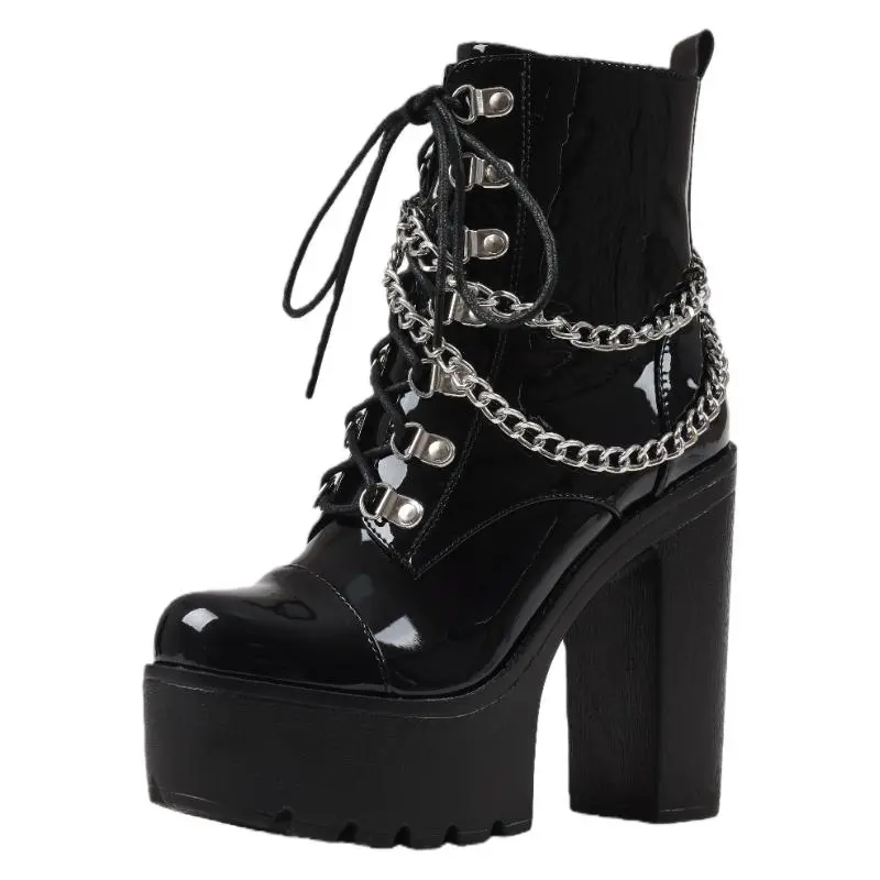 Women's Gothic Black High Heel Punk Style Fashion Booties - Chain Buckle Strap Alt Girls Footwear, Heels for Women for Stylish Outfits, Women's Shoes