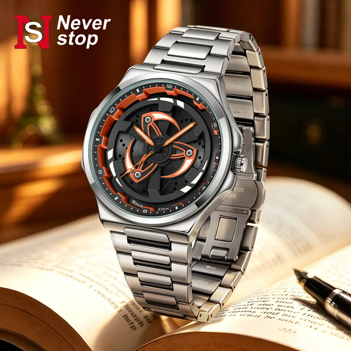 Cool mechanical rotating wheel dial waterproof men wrist watch, luxury big face stainless steel motorcycle style quartz watch with 3D spinning car rim, luminous racing hub dial business casual male wristwatch, perfect gift for boyfriend