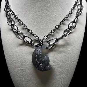 Fox on the Moon Crystal Necklace with Black Chain Unique Design Fox Pendant on Moon Shape Stone