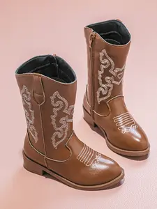 Girls' Spring Fall 2026 New Plain High Tube Rubber Sole Boots, Korean Style British Western Leather Boots, Elegant Above Ankle Boots Korean Influence, Fashion Boots