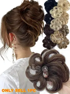 1PC Daily Curly Wave Messy Hair Buns Real Human Hair Extensions Ponytail Hairpieces Add Volume For Women Blonde Brown Natural Chignon Extensions Scrunchy Updo HairPiece Wave Hair Buns Extensions Install Easy Natural Wavy Hair