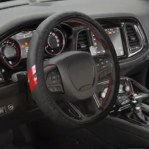 YOSRTER Steering Wheel Cover for Dodge Charger Durango Challenger Journey Ram Breathable Anti-Slip Leather Wheel Covers for Dodge Steering Wheel Accessories Compatible 14-15 Inch(Red Trim)