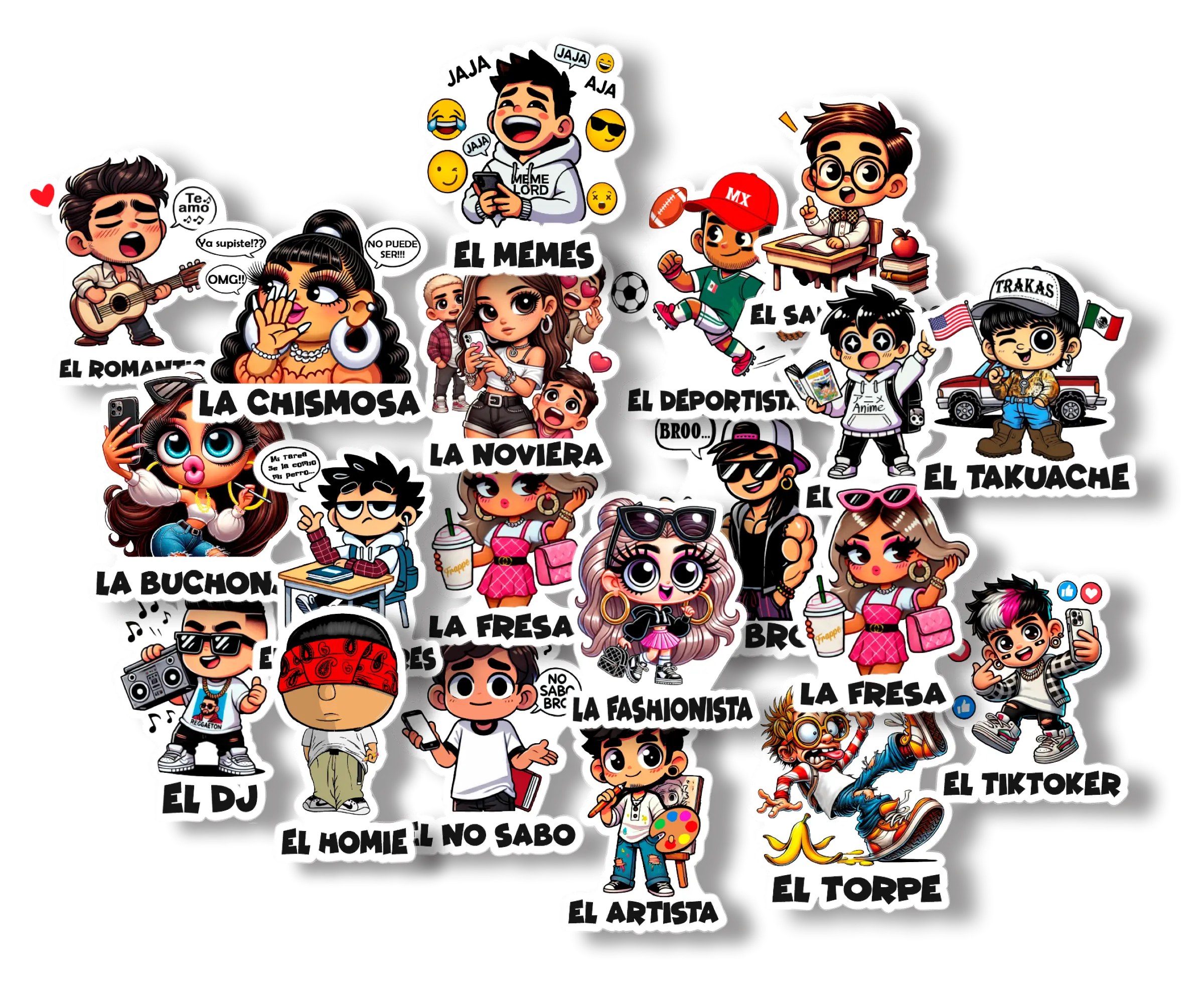 Set de 20 Calcomanías Divertidas de Personajes Mexicanos – Estilo Escolar y Urbano Diy Sticker Art Stickers Scrapbook Materials Anime Design Adhesive Vinyl Decal