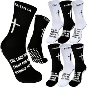 2/4 Pairs of Men's Anti Slip Grip Football Socks, Basketball Socks, Sports Socks, Men's Youth Version with Rubber Dot Design, Cross, Christian Bible Scripture Faith Socks