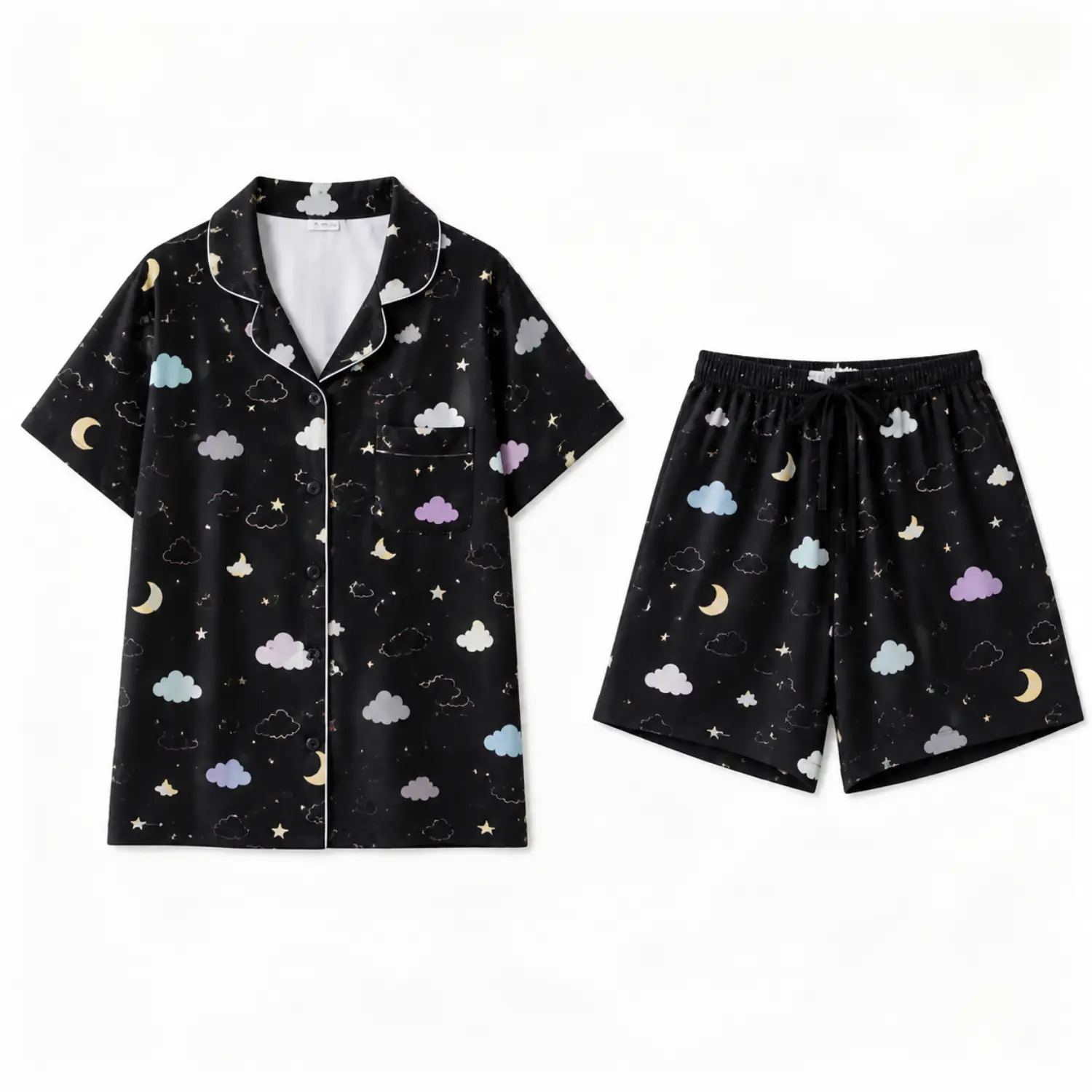 Black Cloud Moon and Stars Two-Piece Pajama Set, Short Sleeve Collared Button Front Sleep Shirt with Matching Elastic Waist Shorts
