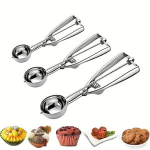 PrimPick 3-piece set of stainless steel ice cream scoops, stainless steel cookie dough scoops, baking cookie scoops - 3-piece set with trigger release mechanism, ice cream scoops for baking, fruit cookie scoops for baking, cupcake scoops, silver