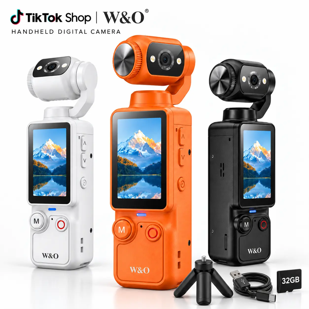 W&O Q7 Pocket Digital Camera, 180° Rotating Lens, Autofocus, 1.9" Screen, 32GB Card & Mini Tripod, USB-C Rechargeable Handheld Vlogging Camera for Beginners, Content Creators, Travel, Selfies & Gifts