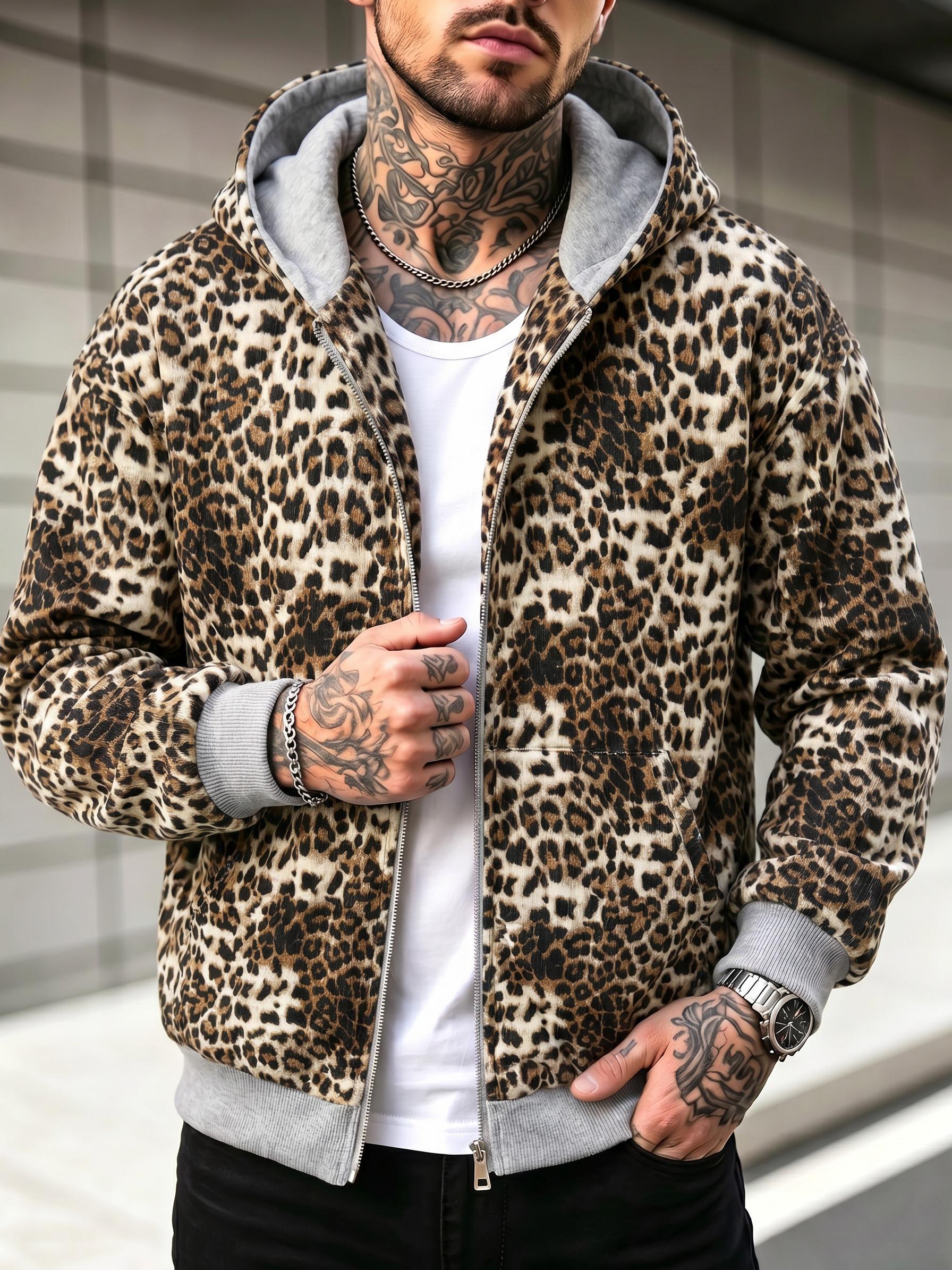 Men’s casual double-sided zip-up hoodie jacket, solid color leopard print design; long sleeves; deeper side pockets; soft, durable fabric. Suitable for everyday wear, walking, and camping in spring and autumn.