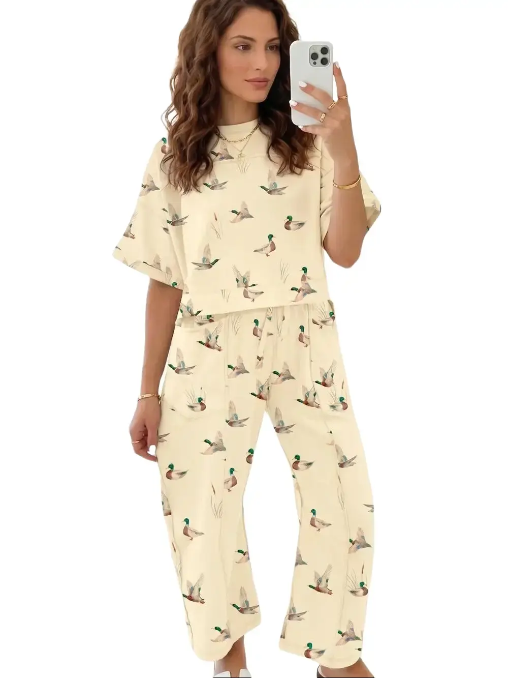 PHEFEE Women's 2 Piece Outfits Duck Print Short Sleeve Top and High Waisted Wide Leg Pants Set Casual Lounge Sweatsuit with Pockets Fabric Womenswear