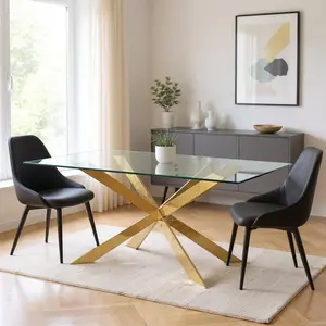 212 MAIN Contemporary Sturdy 72 in Clear Glass Top & Gold Metal Cross Leg Base Indoor Dining Table, 30 x 42 in Dimensions, Cross Legs, Full Assembly