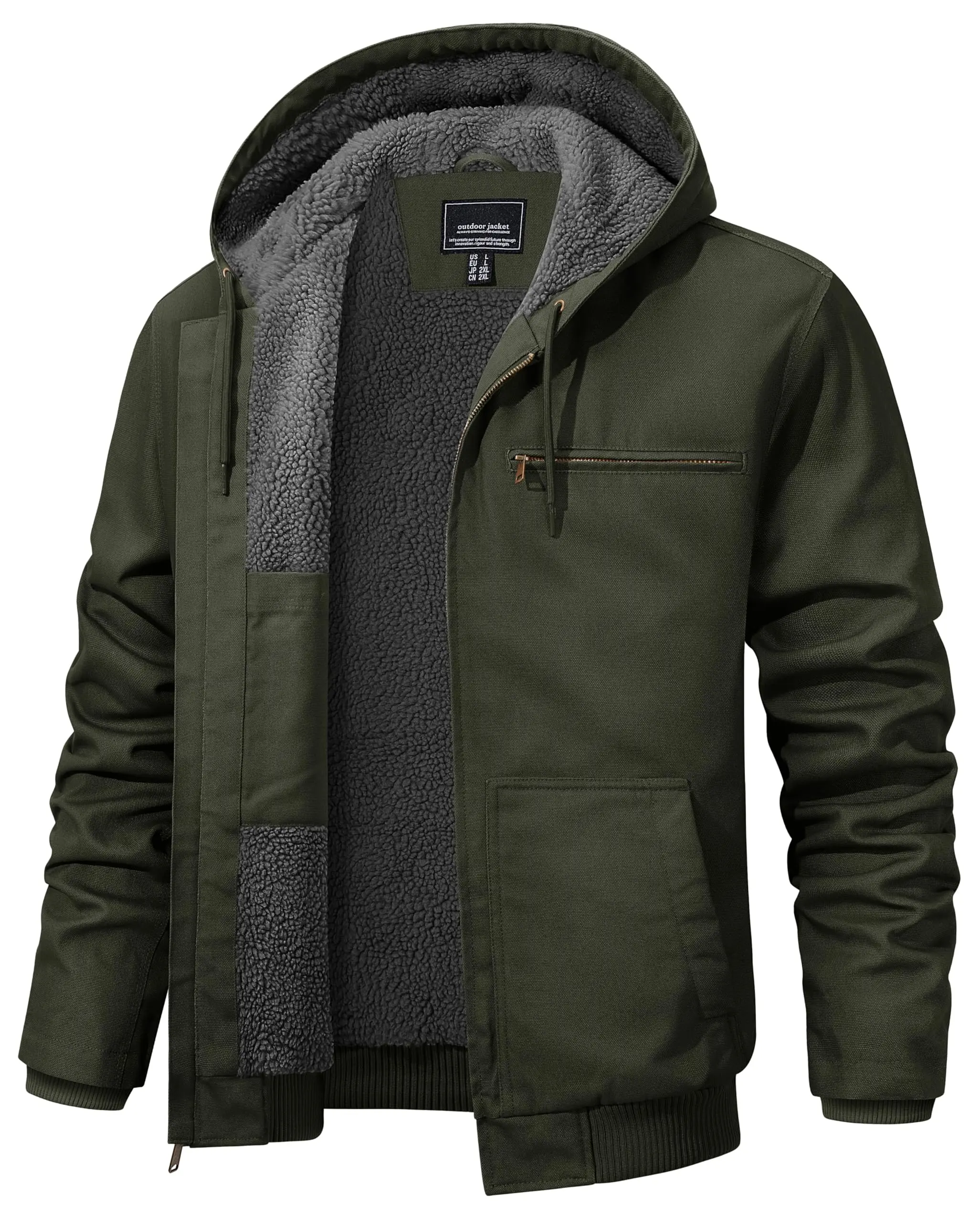 MAGCOMSEN Men's Winter Work Jacket, Sherpa Fleece Lined Heavy Duty Duck Canvas, Waterproof Hooded Coat with Pleated Elbows & Pockets, Tops