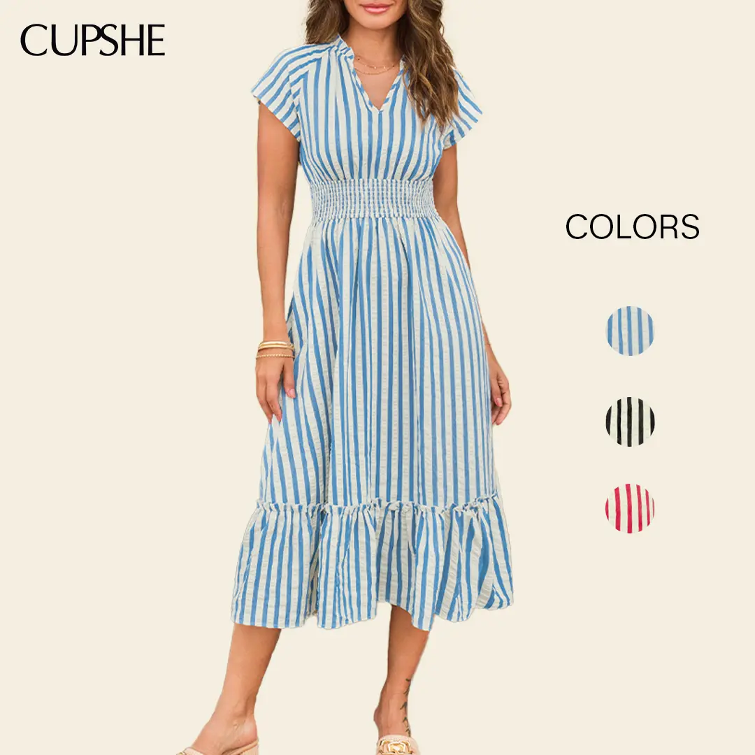 Cupshe Women's Casual Striped Polyester Midi Dress with Notched Neck, Short Sleeves and Smocked Waist - Ready to Wear Summer Casual Wear, Lady, Going Out, Relaxed Wear