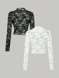 Trendy Women's Two-Piece Lace Transparent Fitted Long Sleeve Top, Party Wear, Elegant Gothic Fashion Style