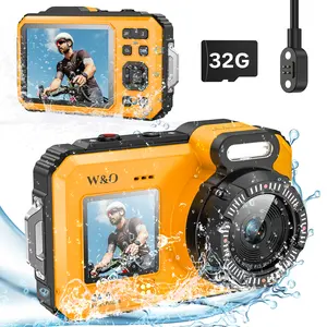 W&O Waterproof Camera 4K 64MP Autofocus Selfie Dual Screen Waterproof Camera with Floating Strap and 32GB Card, 17FT Compact Waterproof Digital Camera, Fill Light Underwater Camera for Snorkeling