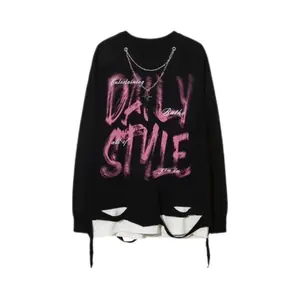 TOP European and American design sense letter printing long-sleeved T-shirt broken splicing with necklace hip-hop men's and women's sweater bottoming shirt tide Menswear Hoodie
