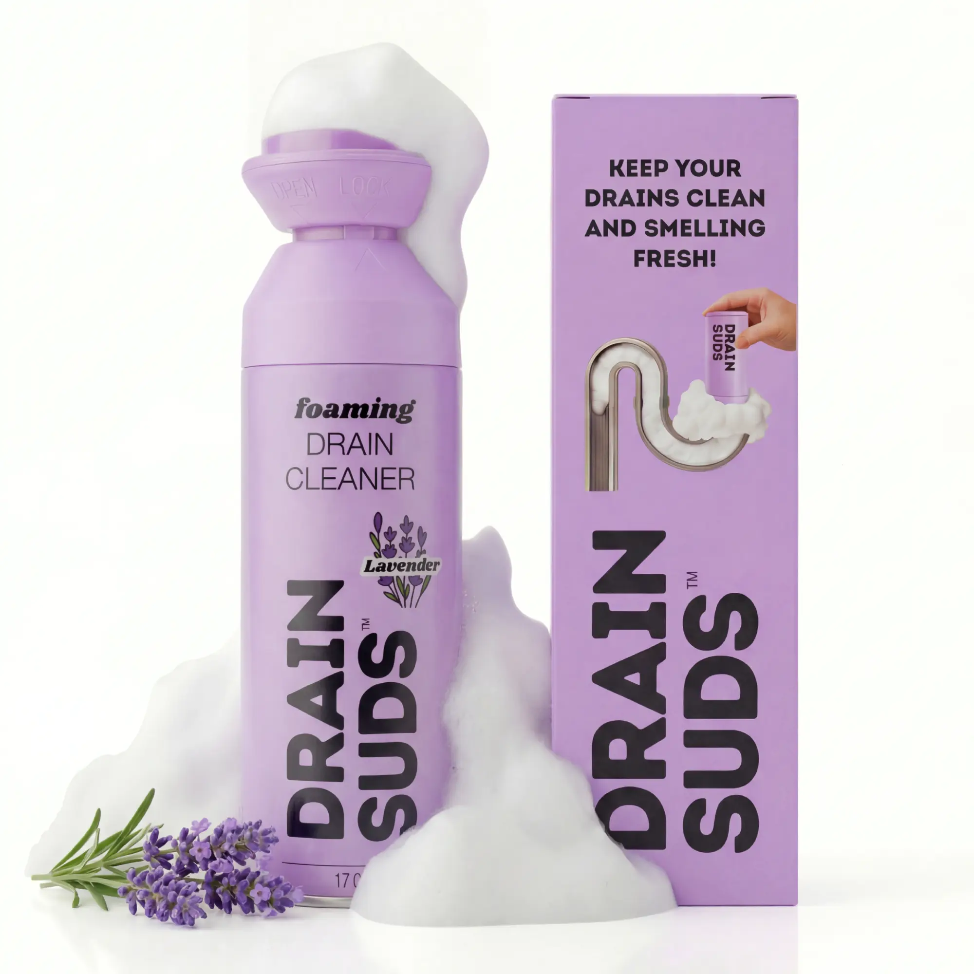DRAIN SUDS - LAVENDER - Foaming Drain Cleaner – Expanding Foam Drain Cleaner & Deodorizer
