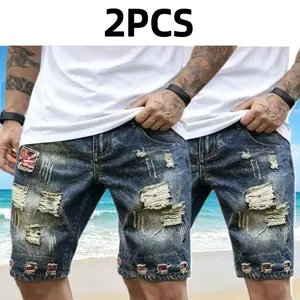 2PCS — Men’s plus-size non-stretch mid-thigh denim shorts; retro trendy distressed color-block patch oversized straight denim shorts; summer beach vacation travel casual ripped fashion bright-color patch plus-size men’s mid-rise design outdoor everyday ve
