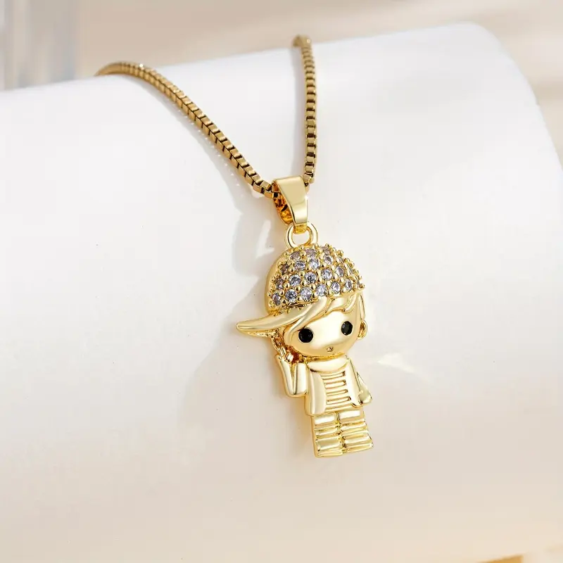 Unisex Gold-Plated Copper-Base Fashionable Necklace Set, Little Boy Cubic Zirconia Pendant Neck Chain with Synthetic Crystal Stones, Casual Costume Jewelry Gift for Couples