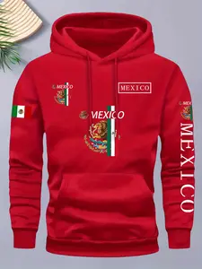 Men's Mexico Theme Graphic Hoodie, Casual Hooded Sweatshirt, Flag & Coat of Arms Print, Geometric Pattern, Casual Fitted Style, Daily/travel Wear