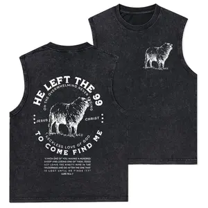 Two-sided He Left The 99 To Rescue Me Christian Washed Tank Top, Gym Essential, Vintage Casual Crewneck Short Sleeves Menswear T-shirt Classic Cotton Fabric Streetwear