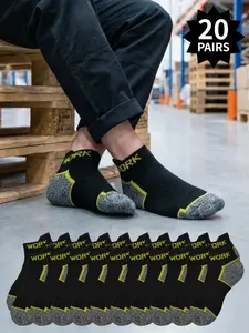 20 pairs of men's socks, black and yellow color work socks, black crew socks, breathable and moisture-wicking, sports socks, cushioning, reinforced heels and toes, all-day comfort, suitable for work and daily wear