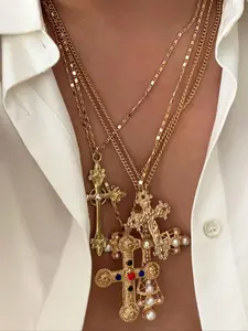 4-Piece Vintage Punk Style Cross Necklace Set, Unique Daily Casual Accessory for Men, Perfect Gift for Him, Modern Versatile Accessories