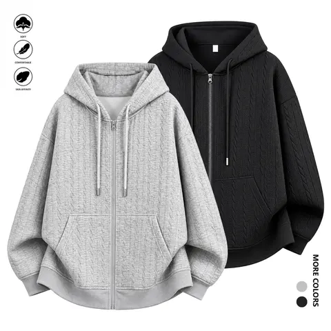 Men’s Jacquard Cable Knit Zip-Up Hoodie, Fashionable Textured Long-Sleeve Hooded Jacket for Casual Streetwear and Everyday Wear