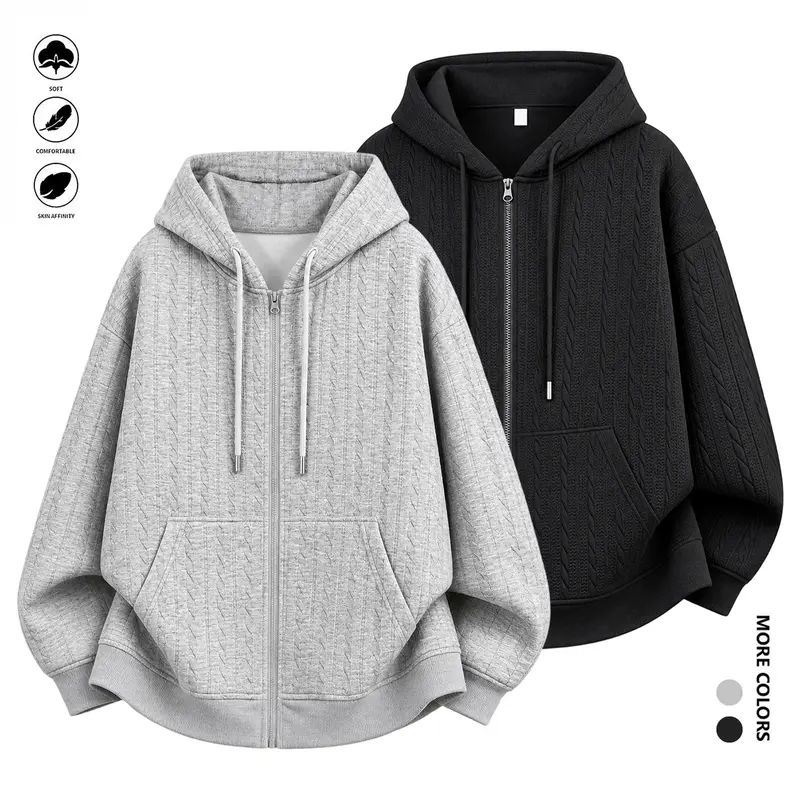 Men’s Jacquard Cable Knit Zip-Up Hoodie, Fashionable Textured Long-Sleeve Hooded Jacket for Casual Streetwear and Everyday Wear