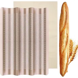 Baguette Pan,  Bread Baking Pan Perforated 3 Loaves Long Italian Bread Pan Mold Nonstick Baguettes Bakery Tray with Proofing Cloth,15"x11"