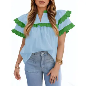 Imily Bela Womens Ruffle Sleeve Babydoll Tops Color Block Summer V Neck Pleated Blouse Dressy Casual Loose Fit Shirts