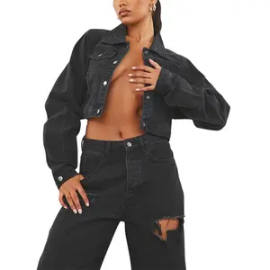 Women's Cropped Denim Jacket Long Sleeve Distressed Jean Jackets Coat