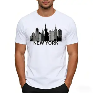 Urban Landscape Print T-Shirt, Breathable York Cityscape Print Men's T-Shirt, Casual Crew Neck Short Sleeve, Machine Washable, Unisex Graphic Tee, Streetwear City Apparel for Men and Women