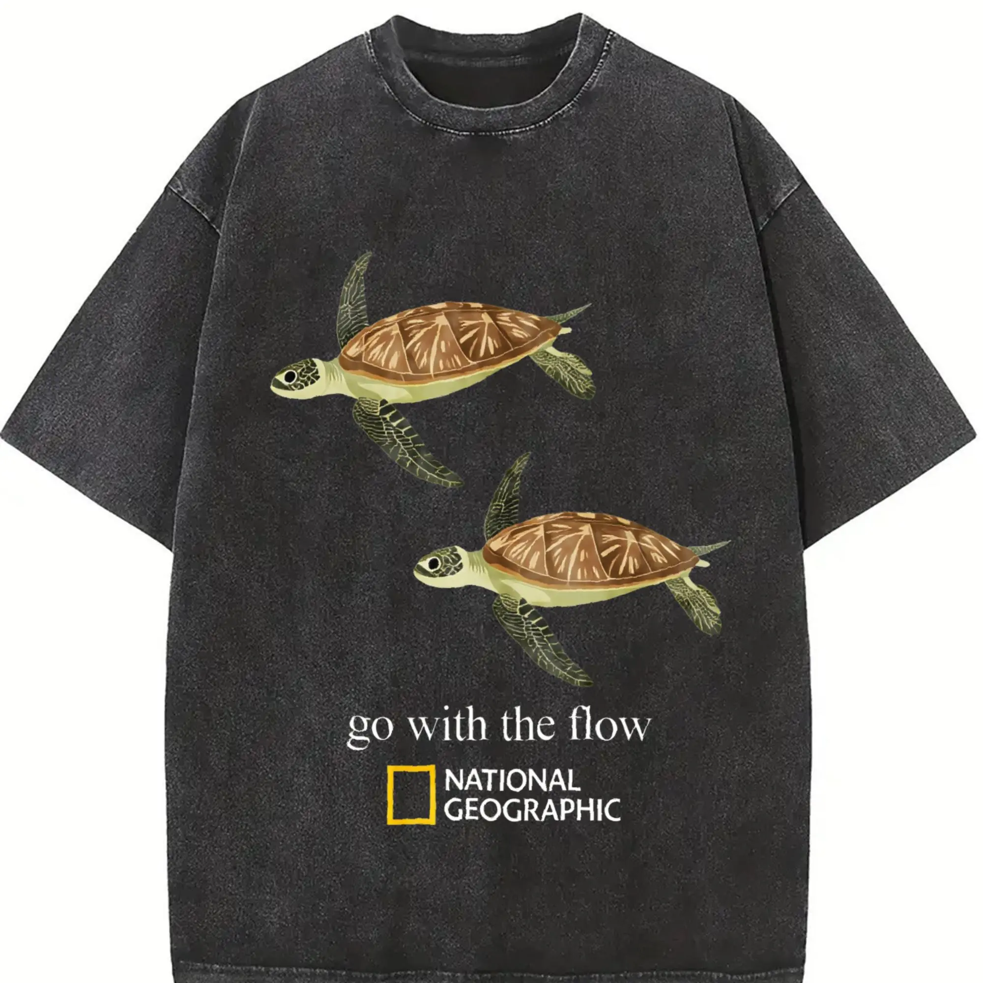 Men's Round Neck Short-Sleeve Streetwear T-Shirt - Sea Turtle Ocean Graphic, Nature Lover Aesthetic, Heavyweight Pure Cotton, Vintage Washed Boxy Oversized Fit, DTG Printed Top, Shortsleeve