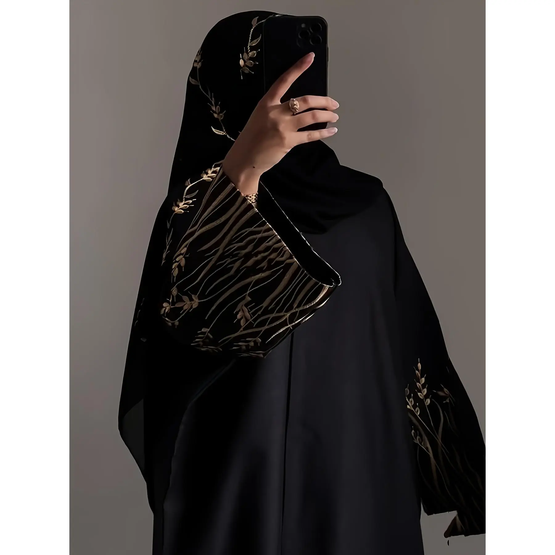 Women's Plus Size Elegant Black Polyester Abaya - 1pc, White Leaf Embroidery, Loose Fit, Comfortable Sleeveless, for Casual or Formal Modest Islamic Wear