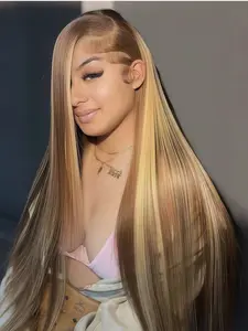 13x4 HD Lace Front Wig, Highlight Ombre Lace Front Wig, 28 Inch Honey Blonde Lace Front Wigs, Lace Frontal Wigs, Heat-Resistant Synthetic Body Straight Hair Wig, 180% Density, Adjustable Drawstring Cap & HD Lace for Natural Look, Unisex, Easy Wig