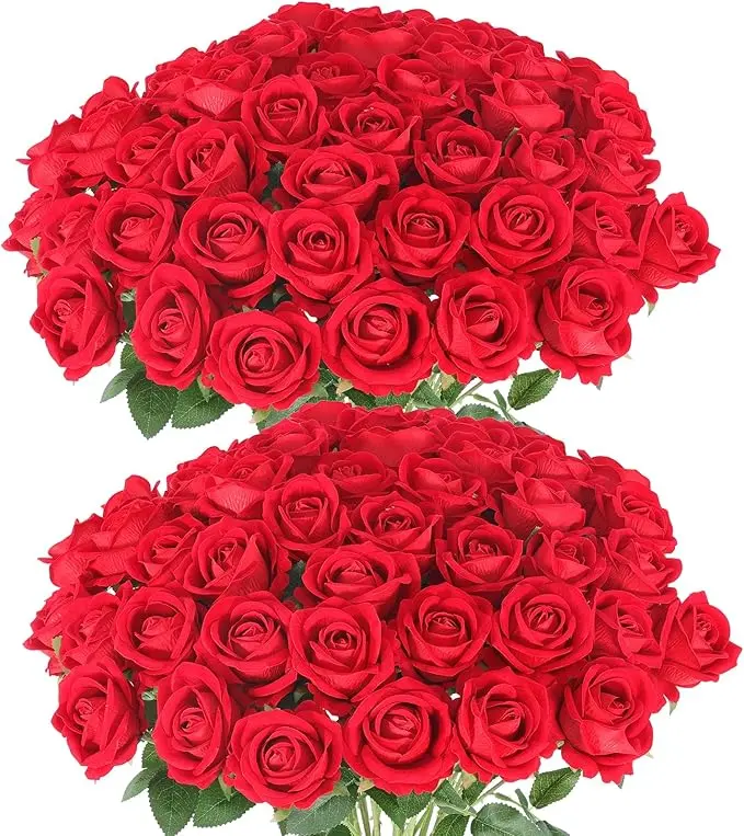 S.W 10-Pack Adjustable Long-Stemmed Photorealistic Silk Faux Rose Flower Bouquet - Natural Look Pink Forever Rose Centerpiece, No Maintenance Home Wedding Decor (Pairs with Decorative Fruit, Cabinet Bows), Silk Faux Flower, Artificial