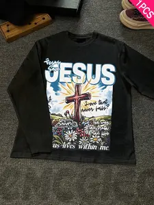 Unisex Y2K style long-sleeved T-shirt with "Jesus lives within me" lettering, cross graphic print and Floral design, perfect for spring and summer.  Suitable for streetwear, Christian believers, Y2K fashion, men's gifts, and couple's matching outfits.