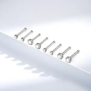 Oufer 2Pcs 18G/20G Titanium Straight Barbell CZ Gems Nose Nostril Piercing Stud Set of 2 Barbell Length 7mm CZ Size 2mm 3mm