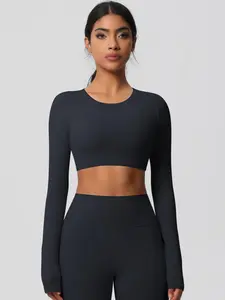 Women's Solid Long Sleeve Crop Sports Tee, Athletic Fashion Activewear, Casual Comfy Breathable Round Neck Cropped Top for Yoga Gym Workout Running, Ladies Sportswear for All Seasons