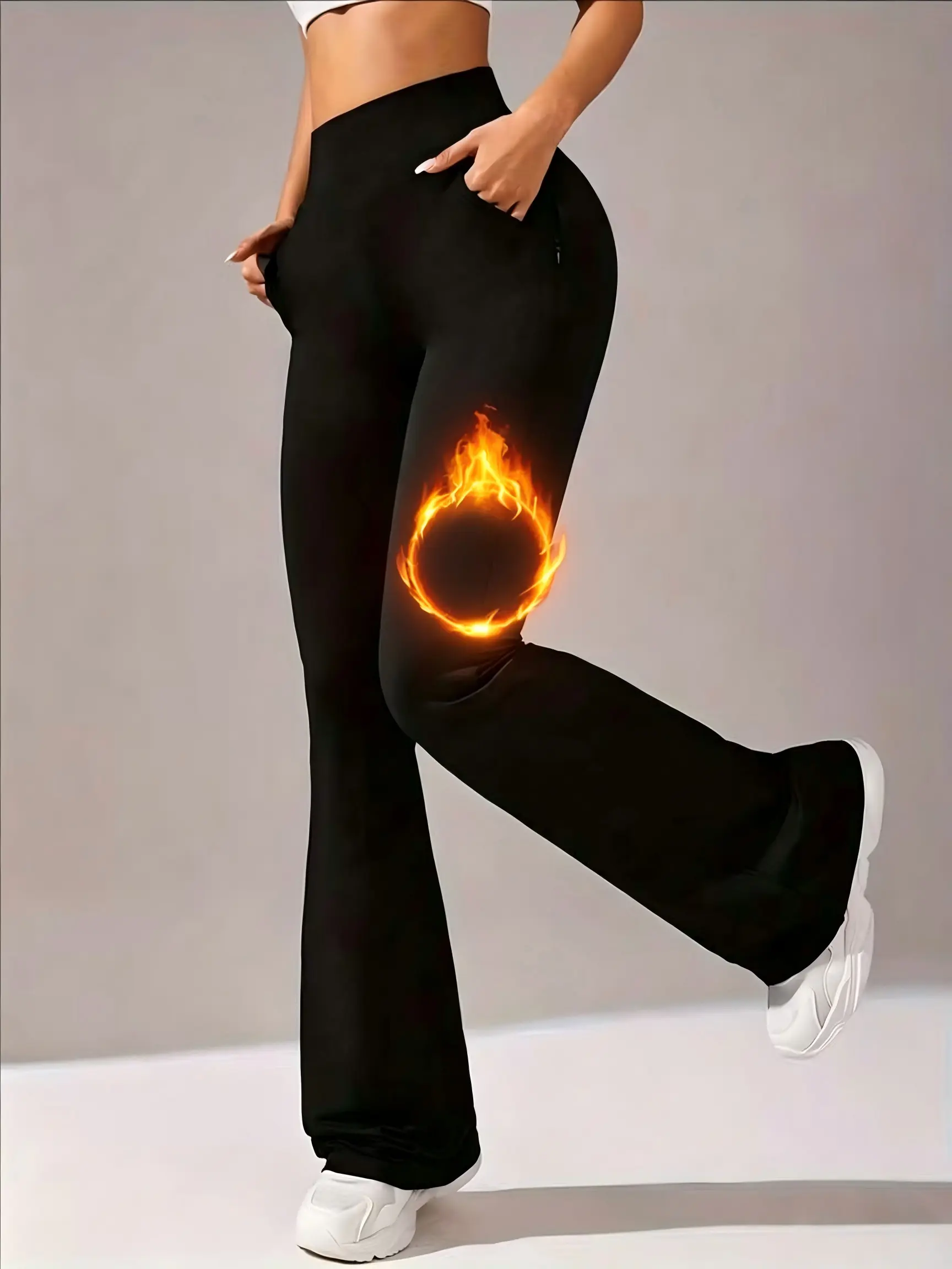 Women's Winter Black Thin Fleece Flared Joggers - Slim-Fit Minimalist Design with Pockets, Soft Comfortable Long Pants for Women, Daily Wear Sports & Outdoor Bottoms