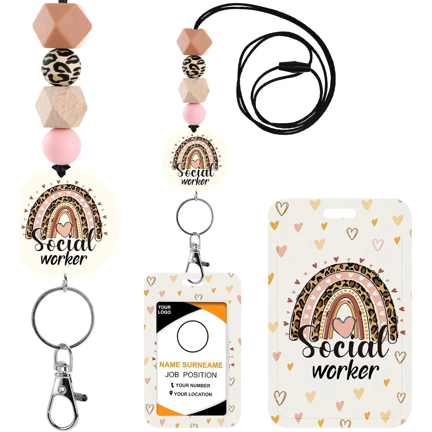 Social Worker Lanyards for ID Badges - Social Work Badge Holder with Lanyard, Cute Boho Rainbow Leopard ID Holder Beaded Breakaway Lanyards for Women ID Card Protector Cover Office Gifts